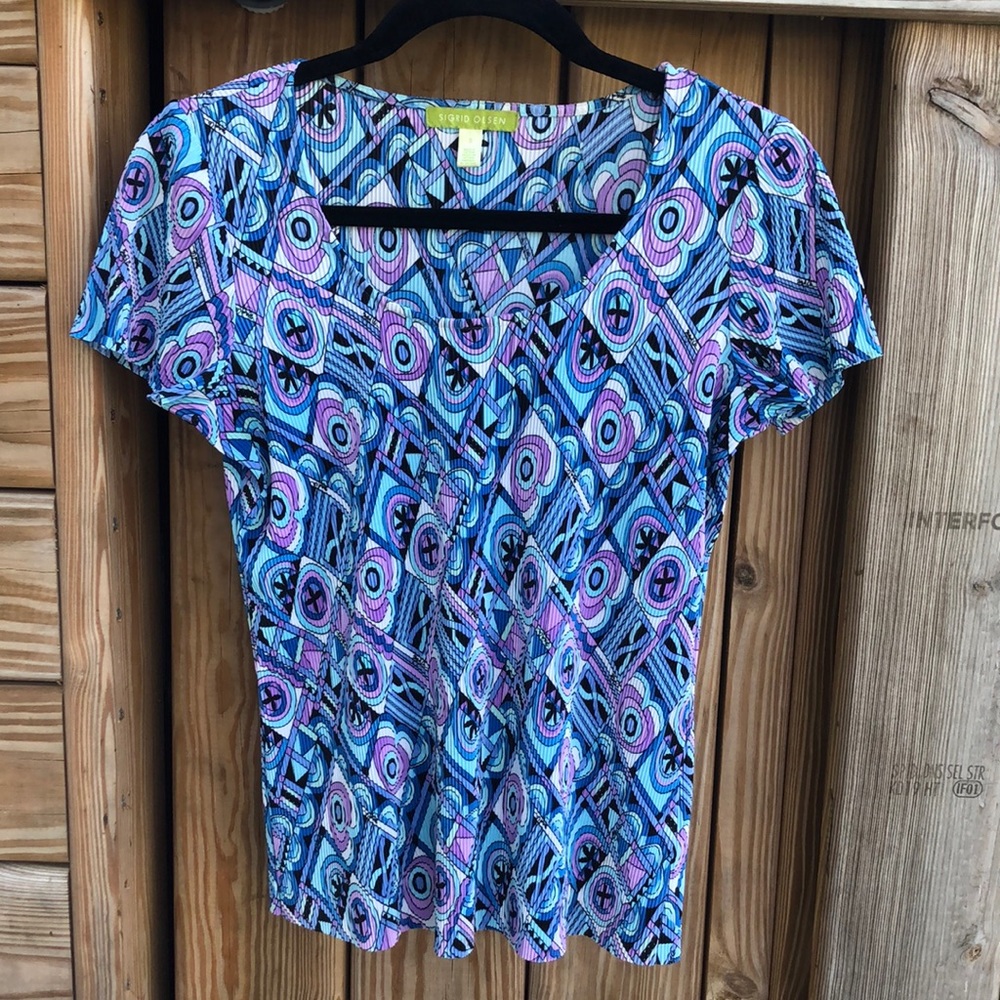 SIGRID OLSEN Pleated Short Sleeve Print Top